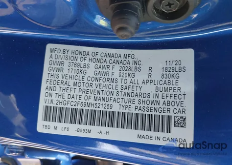 2021 Honda Civic Lx z USA, uszkodzony, nr VIN 2HGFC2F69MH521259